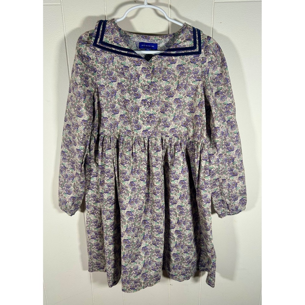 Maison Me Girls Floral‎ Sailor Collar Dress Purple Green Velvet Trim 8Y